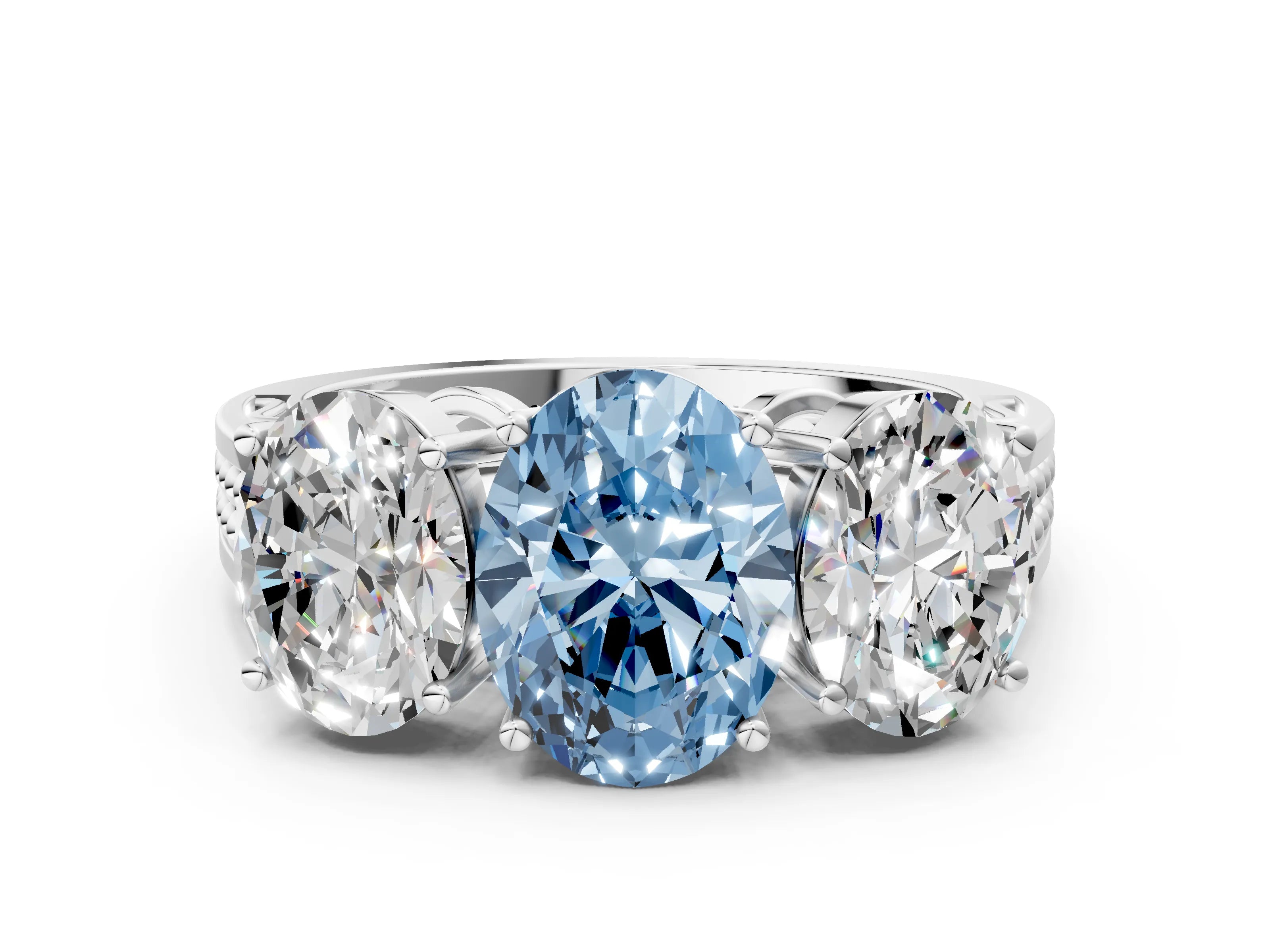 White gold Fancy Blue Oval Cut Diamond Three-Stone Ring with Prong Setting and Textured Band