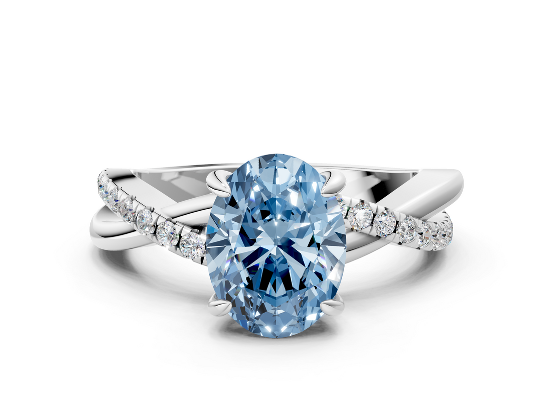 White gold Fancy Blue Oval  Cut Diamond Twist Band Solitaire with Prong Setting_37