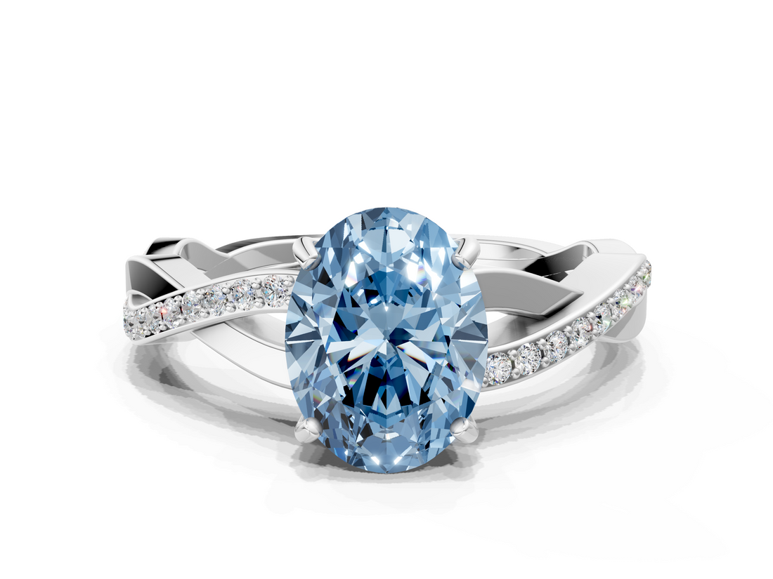 White gold Fancy Blue Oval  Cut Diamond Twisted Band Engagement Ring with Prong Setting_3