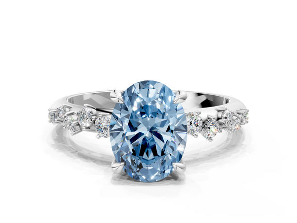 White gold Fancy Blue Oval  Cut Diamond Vine Band with Four-Prong Setting
