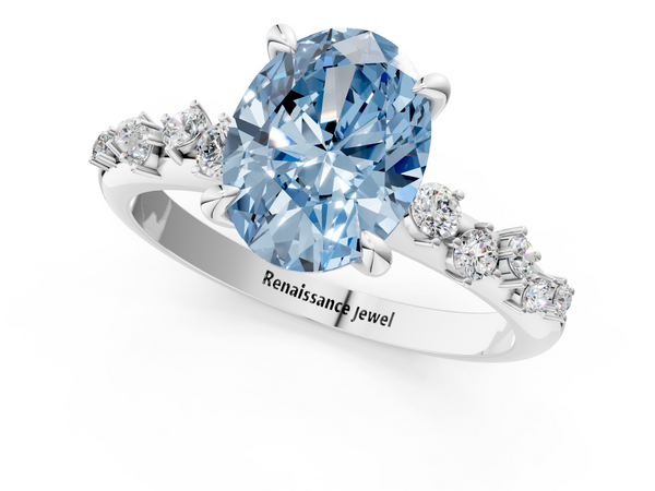 White gold Fancy Blue Oval  Cut Diamond Vine Band with Four-Prong Setting