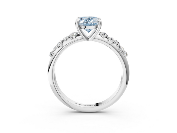 White gold Fancy Blue Oval  Cut Diamond Vine Band with Four-Prong Setting