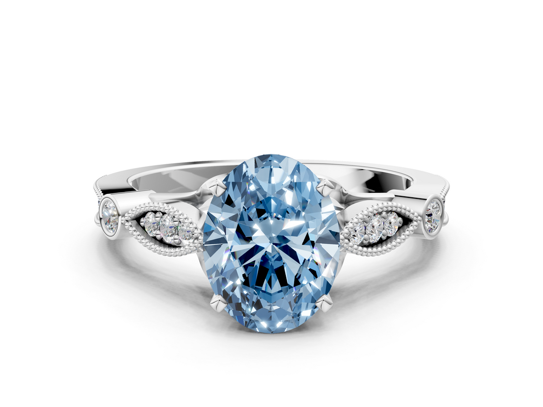 White gold Fancy Blue Oval  Cut Diamond with Milgrain Marquise and Bezel Accents on a Solitaire Band with Prong Setting_210