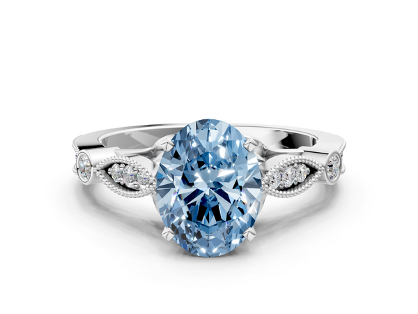 White gold Fancy Blue Oval  Cut Diamond with Milgrain Marquise and Bezel Accents on a Solitaire Band with Prong Setting