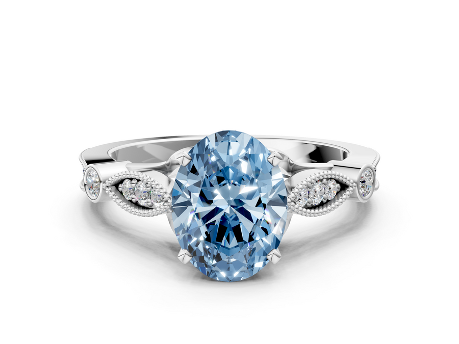White gold Fancy Blue Oval  Cut Diamond with Milgrain Marquise and Bezel Accents on a Solitaire Band with Prong Setting