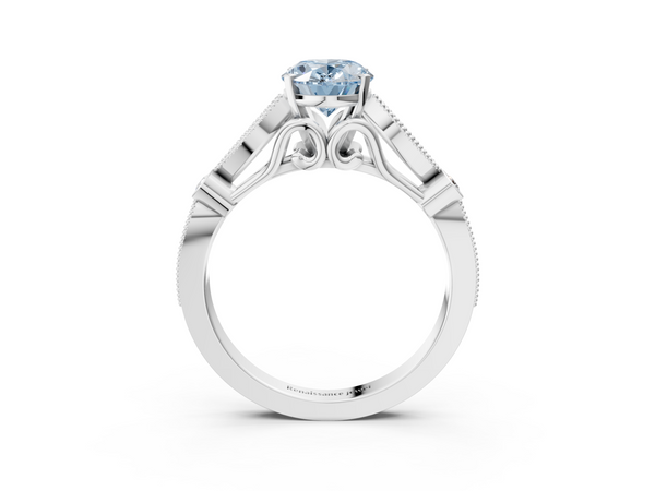 White gold Fancy Blue Oval  Cut Diamond with Milgrain Marquise and Bezel Accents on a Solitaire Band with Prong Setting