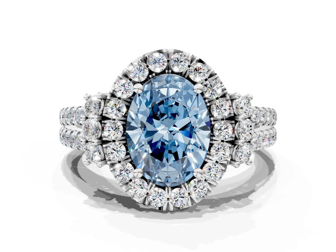 White gold Fancy Blue Oval  Cut Double Halo Diamond Engagement Ring with Pave Band and Four-Prong Setting_38