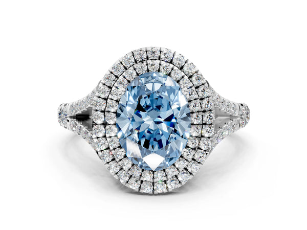 White gold Fancy Blue Oval  Cut Double Halo Split Shank Diamond Ring with Prong Setting