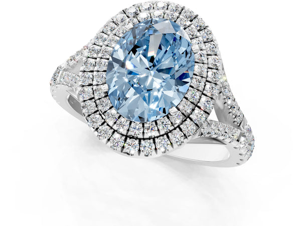 White gold Fancy Blue Oval  Cut Double Halo Split Shank Diamond Ring with Prong Setting