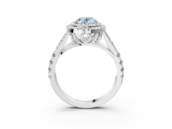 White gold Fancy Blue Oval  Cut Double Halo Split Shank Diamond Ring with Prong Setting
