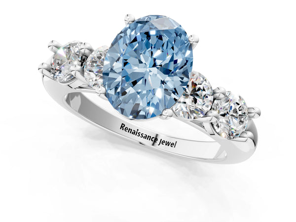 White gold Fancy Blue Oval  Cut Five-Stone Prong Set Diamond Ring with Classic Band
