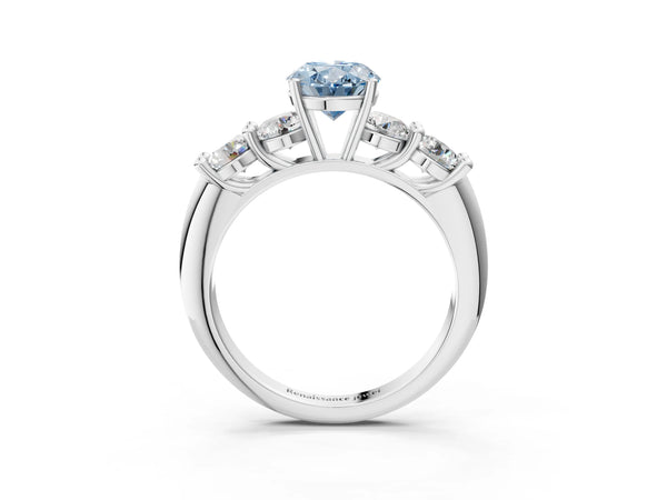 White gold Fancy Blue Oval  Cut Five-Stone Prong Set Diamond Ring with Classic Band