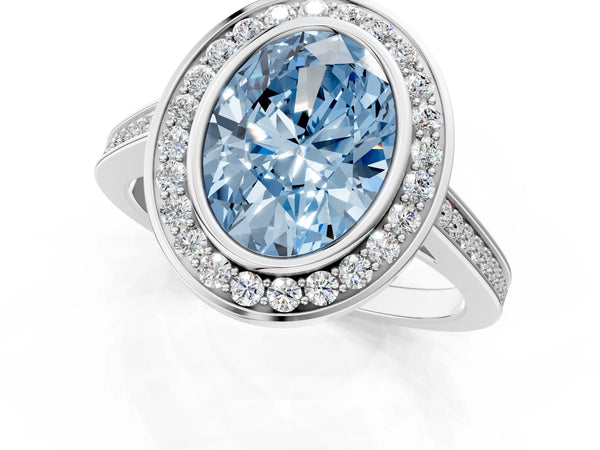 White gold Fancy Blue Oval Cut Halo Bezel Diamond Pave Band Ring
