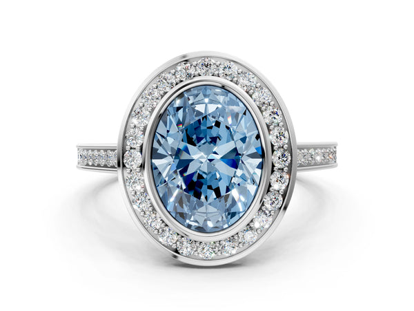 White gold Fancy Blue Oval Cut Halo Bezel Diamond Pave Band Ring