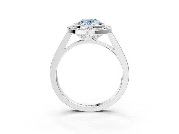 White gold Fancy Blue Oval Cut Halo Bezel Diamond Pave Band Ring