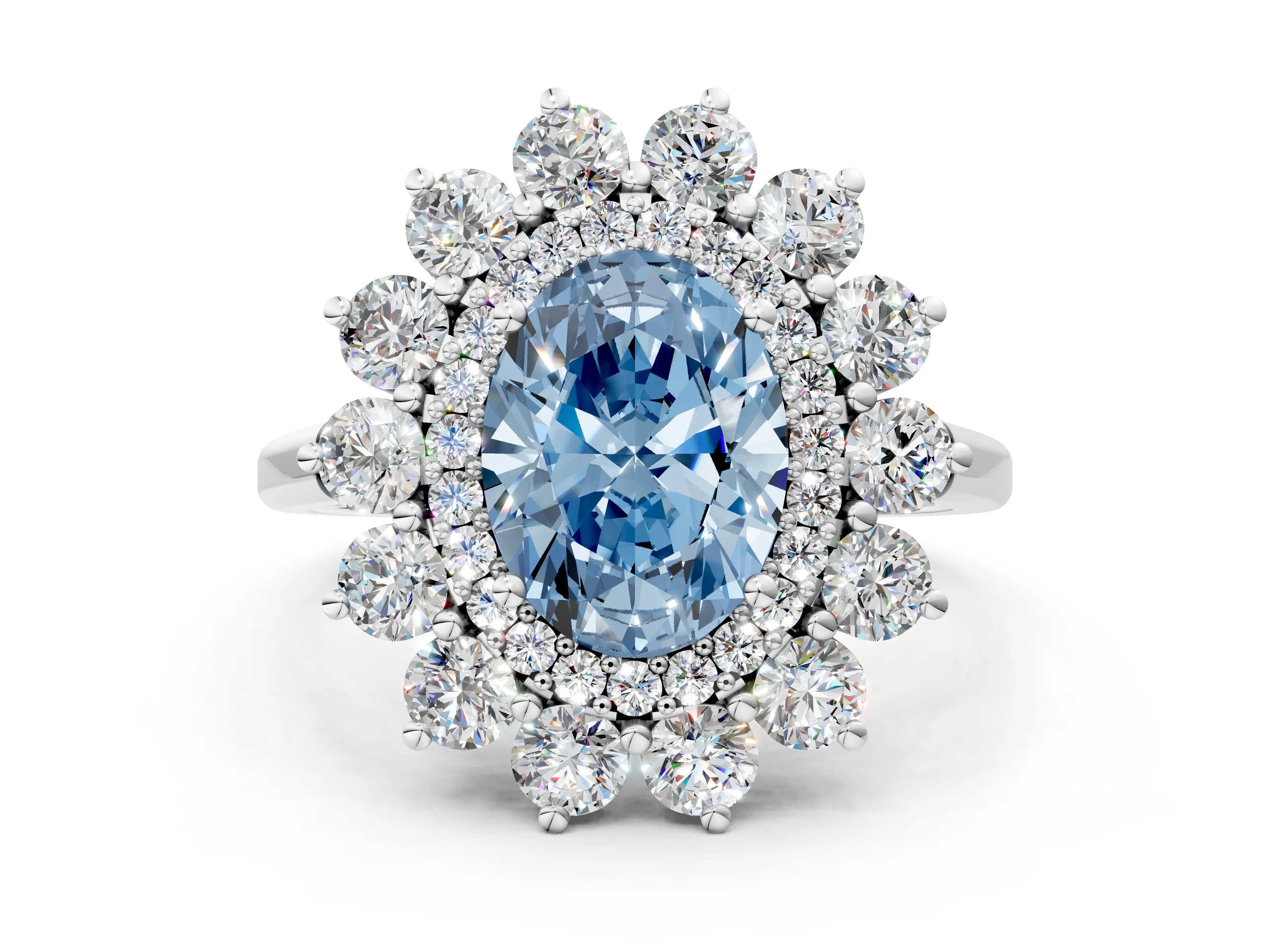 White gold Fancy Blue Oval Cut Halo Cluster Diamond Ring with Pave Band and Four-Prong Setting_12