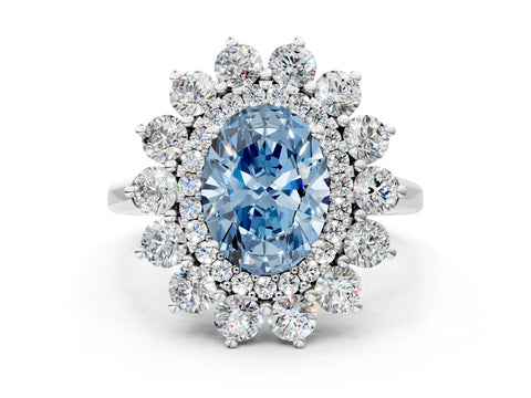 White gold Fancy Blue Oval Cut Halo Cluster Diamond Ring with Pave Band and Four-Prong Setting_12
