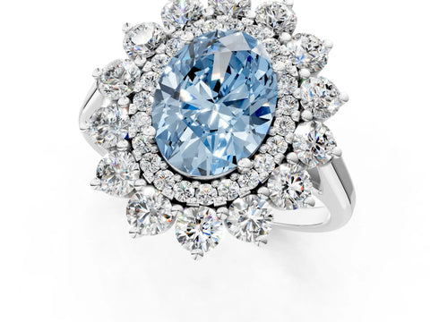 White gold Fancy Blue Oval Cut Halo Cluster Diamond Ring with Pave Band and Four-Prong Setting_13
