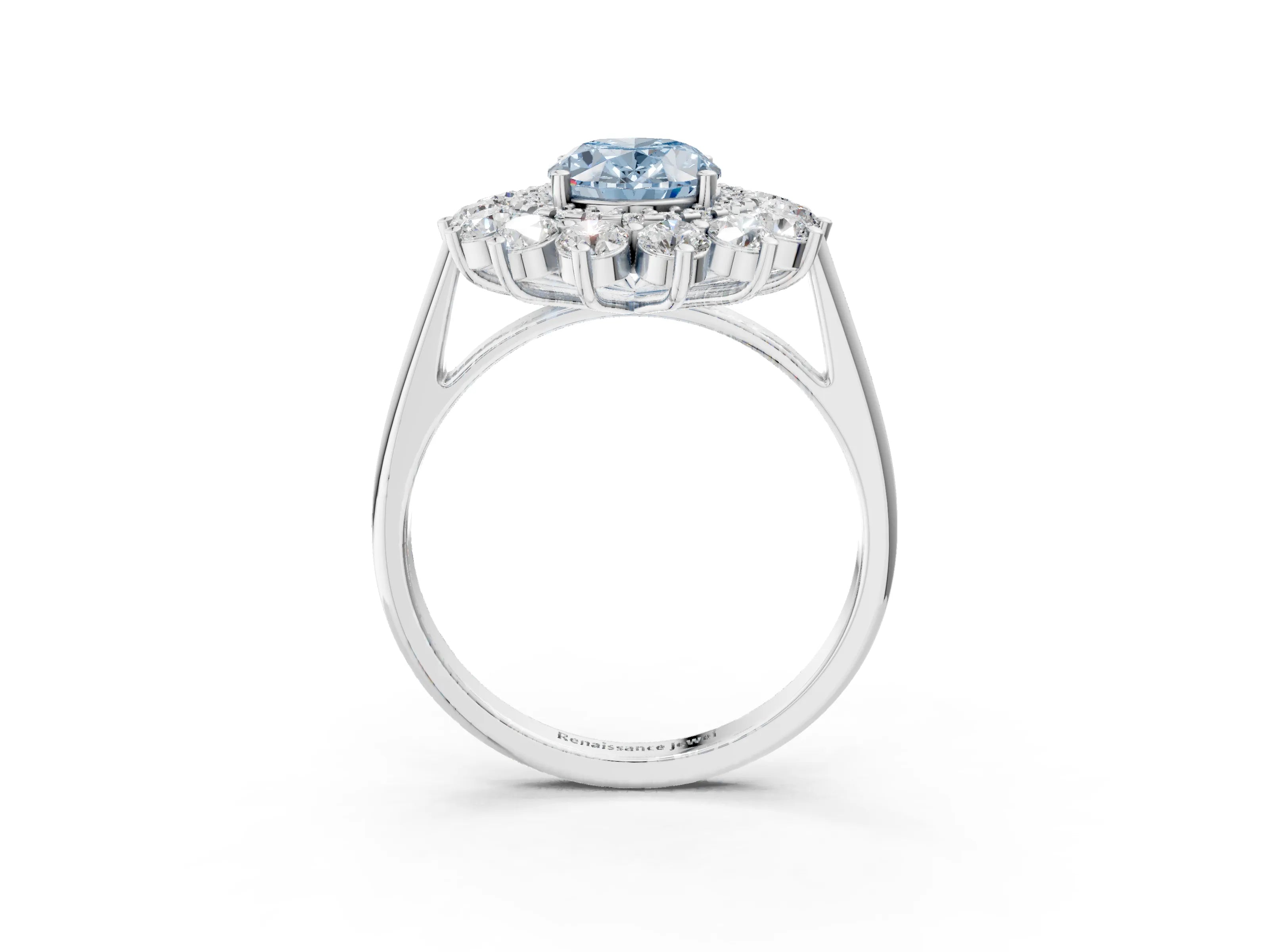White gold Fancy Blue Oval Cut Halo Cluster Diamond Ring with Pave Band and Four-Prong Setting_15