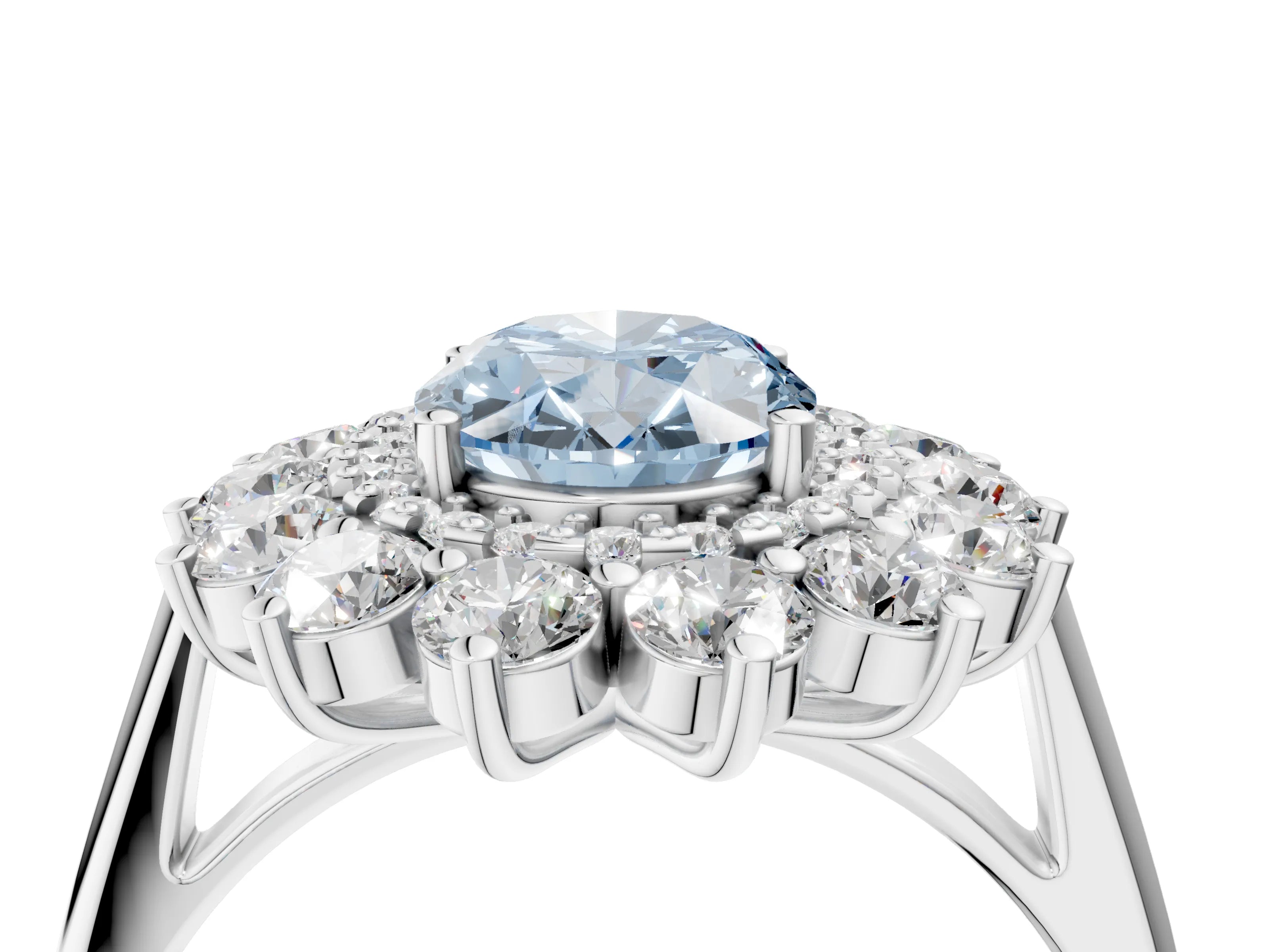 White gold Fancy Blue Oval Cut Halo Cluster Diamond Ring with Pave Band and Four-Prong Setting_16
