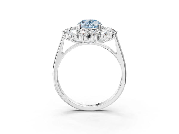 White gold Fancy Blue Oval Cut Halo Cluster Diamond Ring with Pave Band and Four-Prong Setting