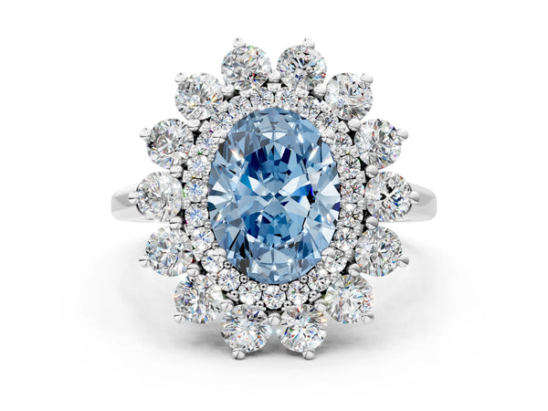 White gold Fancy Blue Oval Cut Halo Cluster Diamond Ring with Pave Band and Four-Prong Setting
