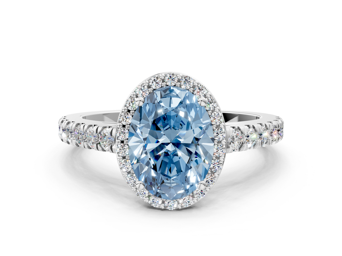 White gold Fancy Blue Oval  Cut Halo Diamond Engagement Ring with Pave Band and Four-Prong Setting_28