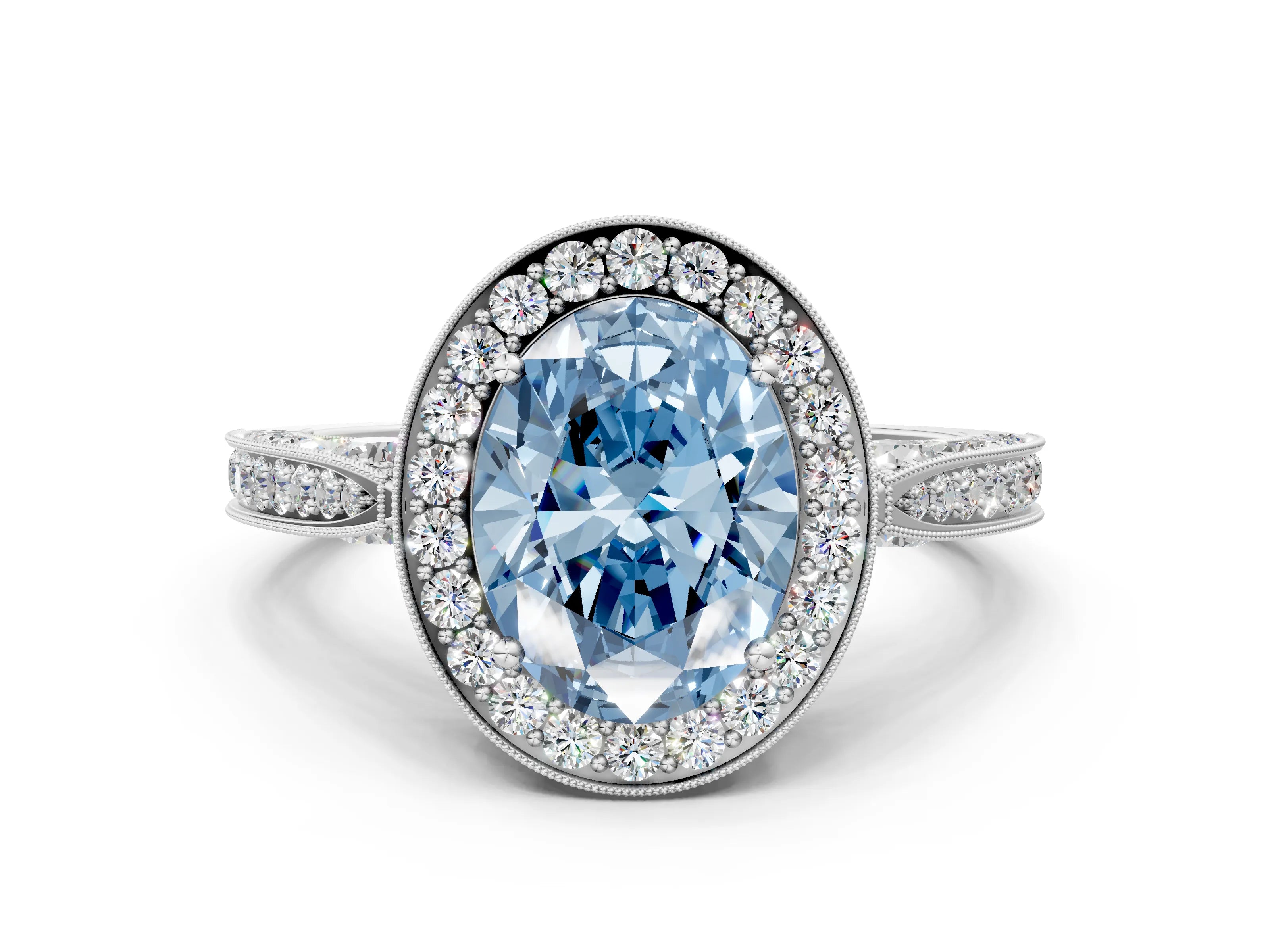 White gold Fancy Blue Oval Cut Halo Diamond Engagement Ring with Split Shank Band and Four-Prong Setting_12