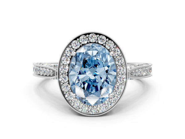 White gold Fancy Blue Oval Cut Halo Diamond Engagement Ring with Split Shank Band and Four-Prong Setting