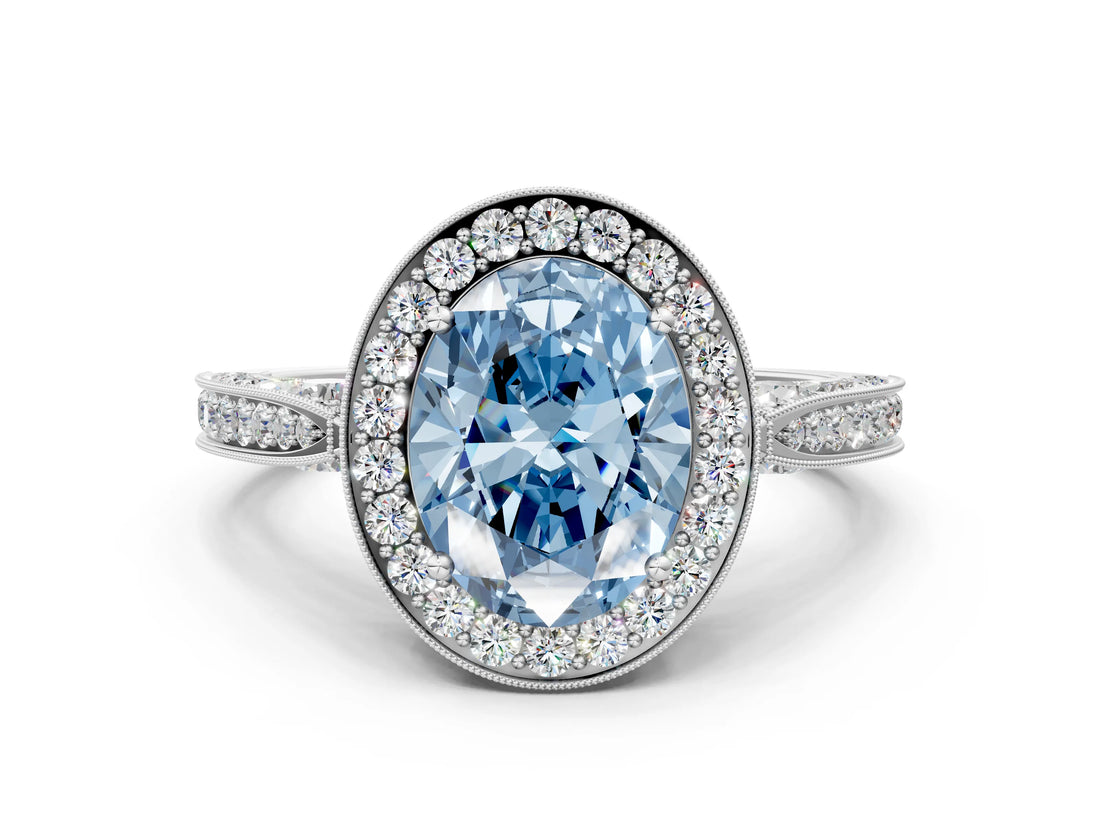 White gold Fancy Blue Oval Cut Halo Diamond Engagement Ring with Split Shank Band and Four-Prong Setting_12