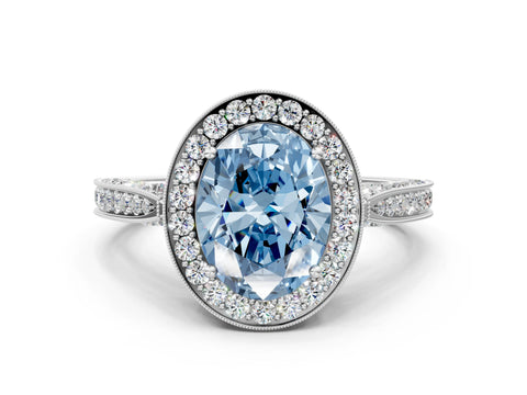 White gold Fancy Blue Oval Cut Halo Diamond Engagement Ring with Split Shank Band and Four-Prong Setting_12