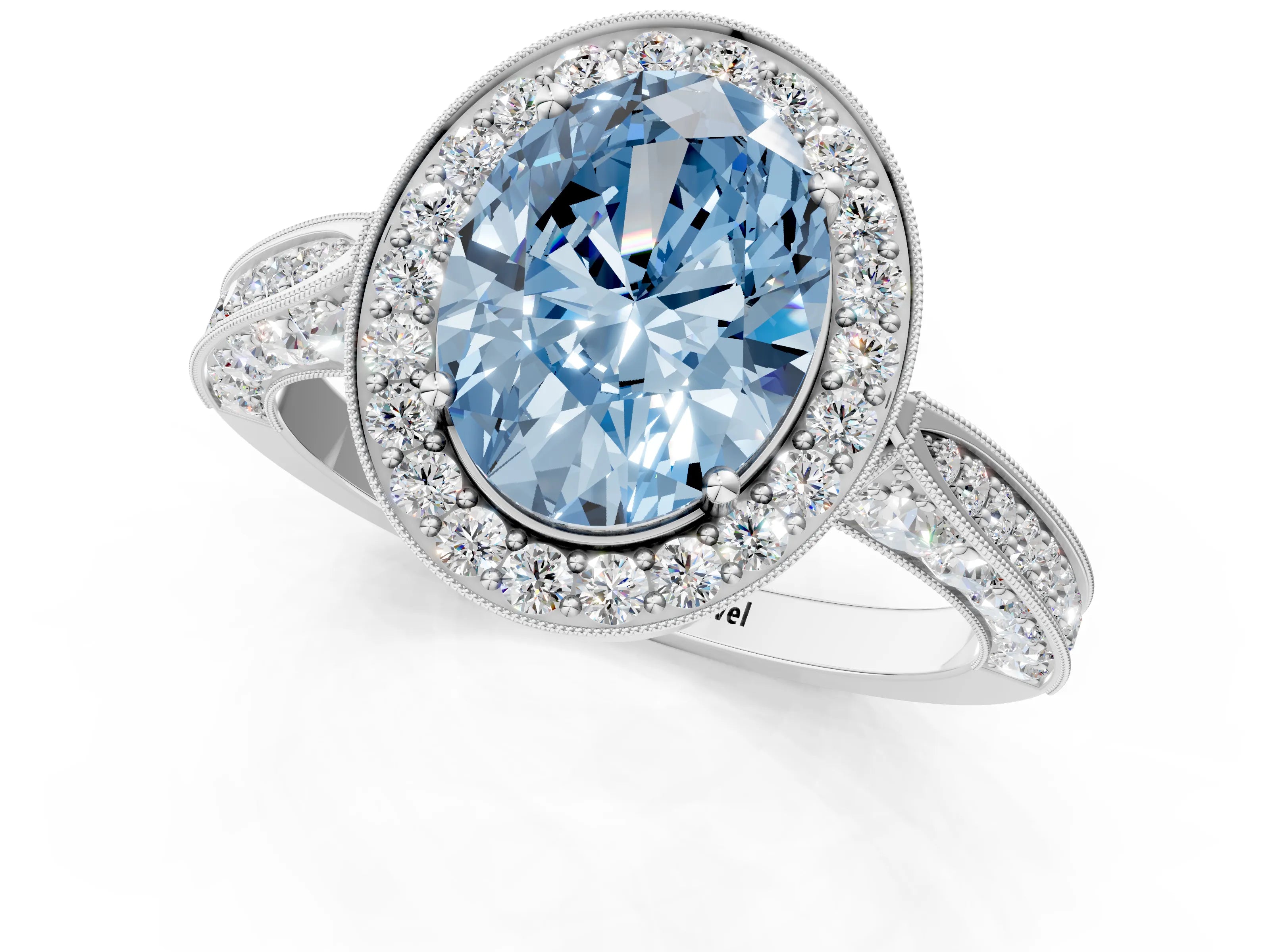 White gold Fancy Blue Oval Cut Halo Diamond Engagement Ring with Split Shank Band and Four-Prong Setting_13