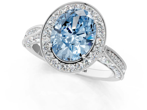 White gold Fancy Blue Oval Cut Halo Diamond Engagement Ring with Split Shank Band and Four-Prong Setting