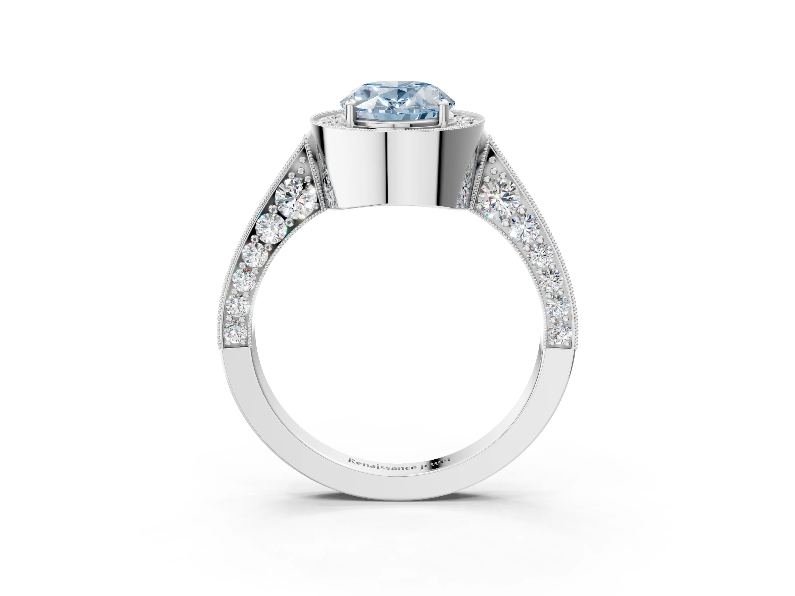 White gold Fancy Blue Oval Cut Halo Diamond Engagement Ring with Split Shank Band and Four-Prong Setting_15