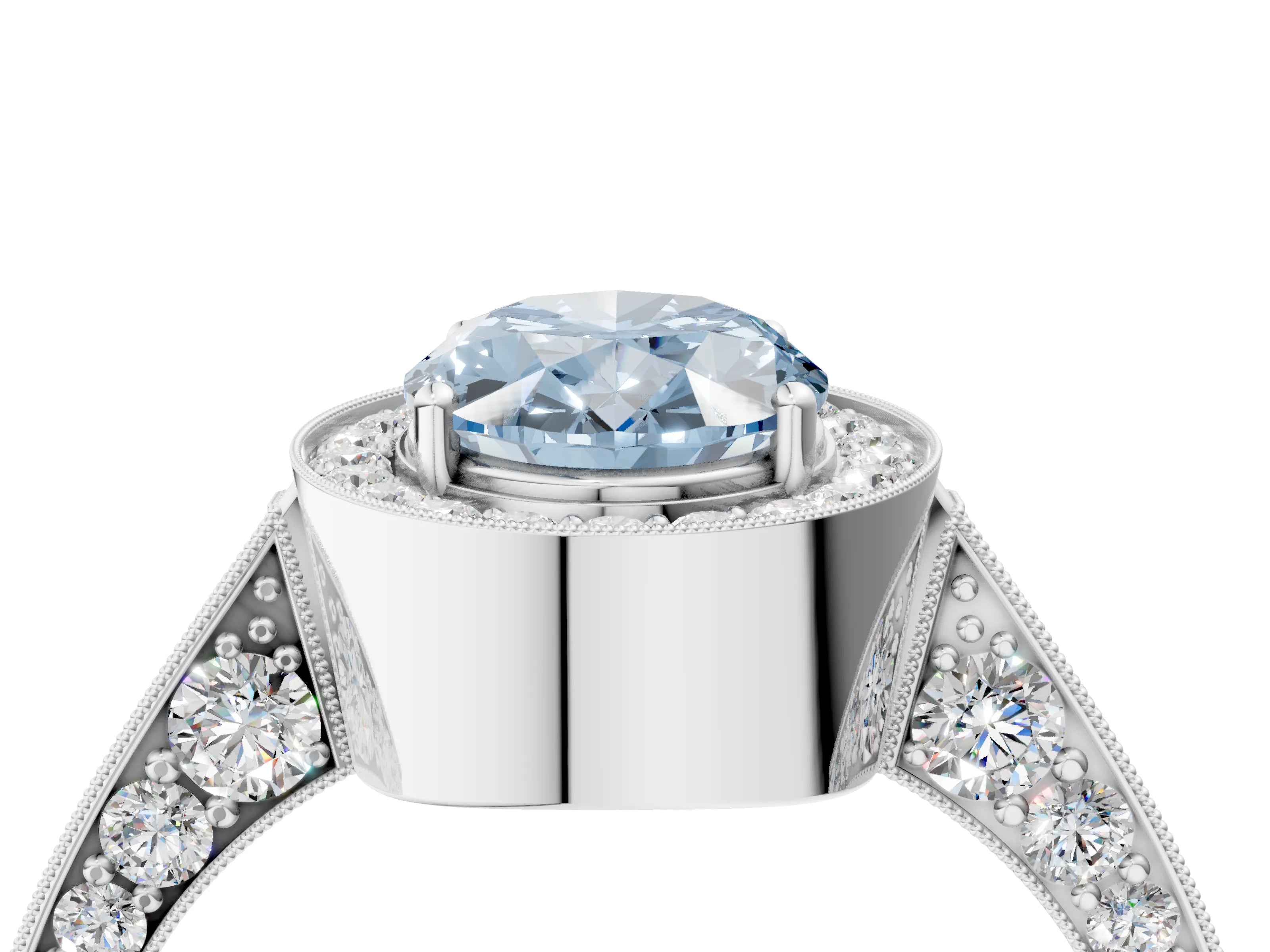 White gold Fancy Blue Oval Cut Halo Diamond Engagement Ring with Split Shank Band and Four-Prong Setting_16