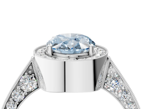 White gold Fancy Blue Oval Cut Halo Diamond Engagement Ring with Split Shank Band and Four-Prong Setting_16