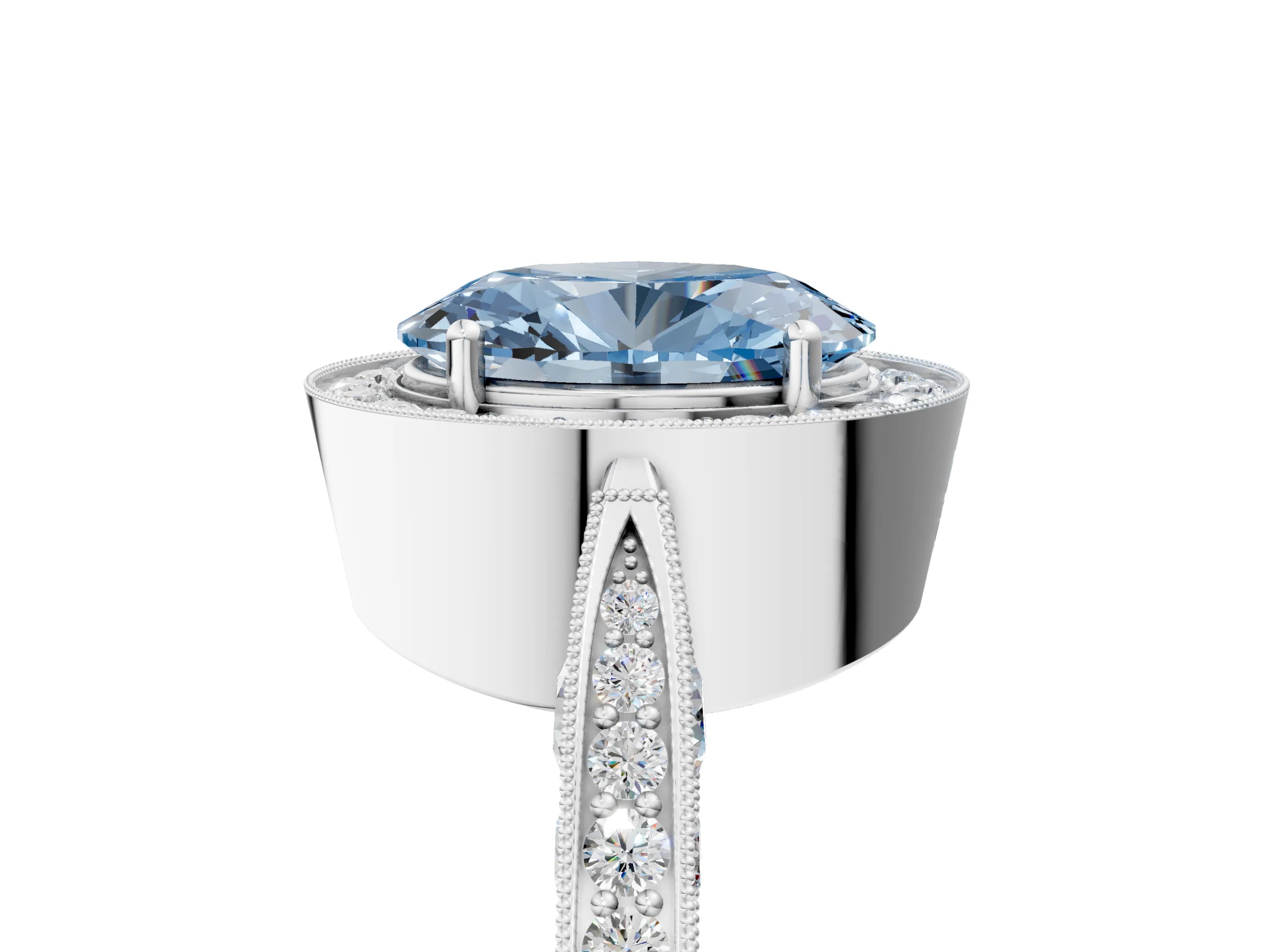 White gold Fancy Blue Oval Cut Halo Diamond Engagement Ring with Split Shank Band and Four-Prong Setting_17
