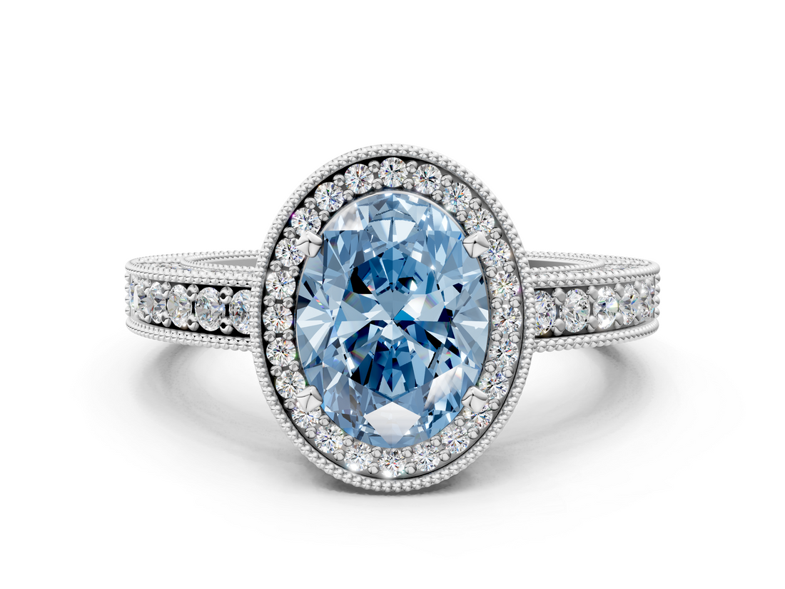 White gold Fancy Blue Oval  Cut Halo Diamond Pave Band Ring with Four-Prong Setting_25