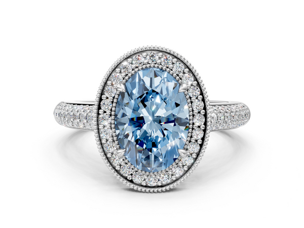 White gold Fancy Blue Oval  Cut Halo Diamond Pave Band with Four-Prong Setting