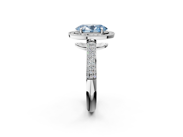 White gold Fancy Blue Oval  Cut Halo Diamond Pave Band with Four-Prong Setting