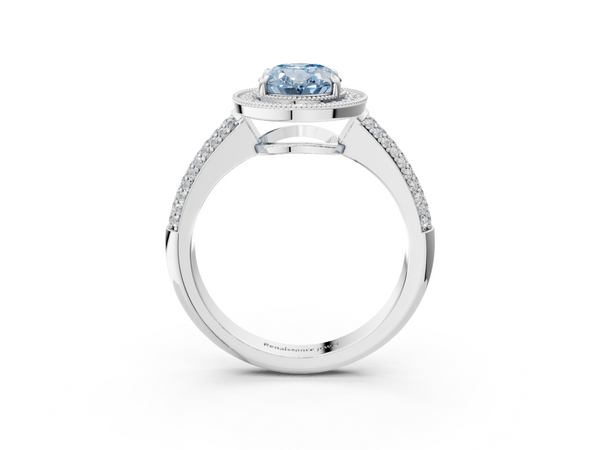 White gold Fancy Blue Oval  Cut Halo Diamond Pave Band with Four-Prong Setting
