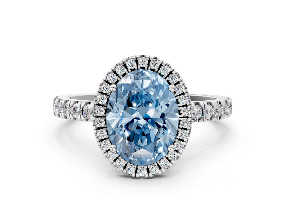 White gold Fancy Blue Oval Cut Halo Diamond Pave Band with Prong Setting_12