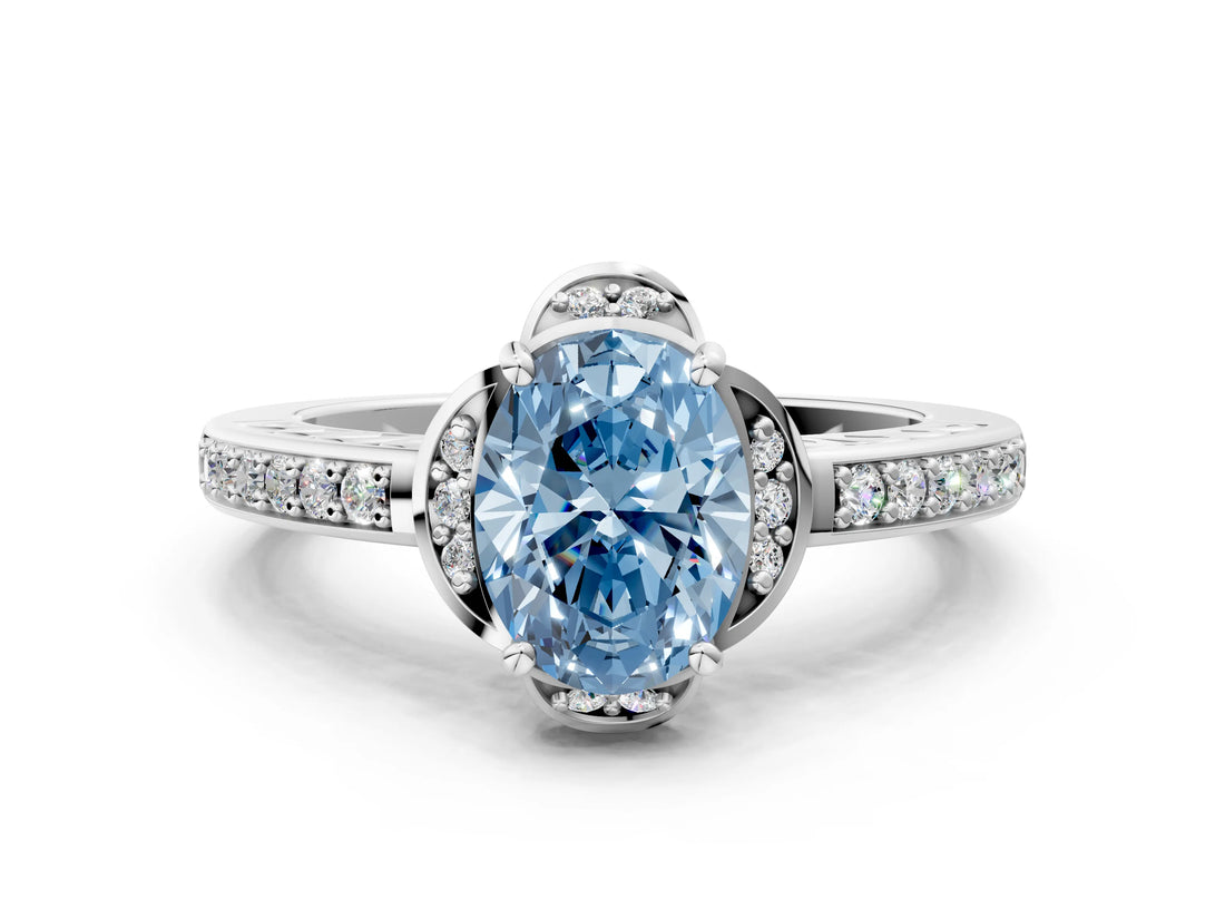 White gold Fancy Blue Oval  Cut Halo Diamond Ring with Channel Set Band and Four-Prong Setting_32