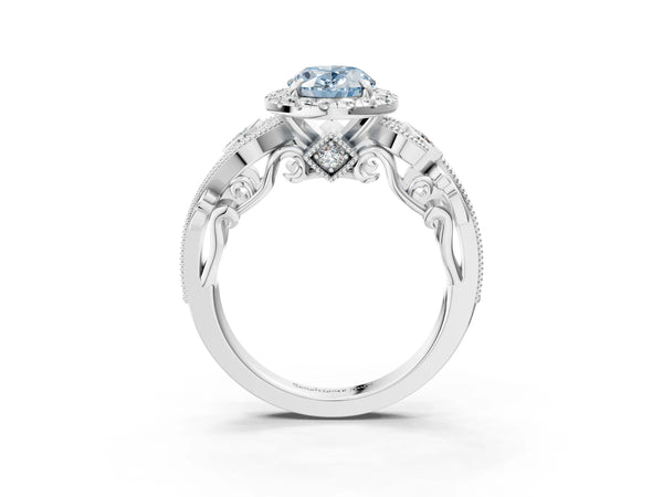 White gold Fancy Blue Oval Cut Halo Diamond Ring with Milgrain and Bezel Accents on a Split Shank Band