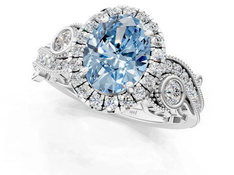 White gold Fancy Blue Oval Cut Halo Diamond Ring with Milgrain and Bezel Accents on a Split Shank Band_1