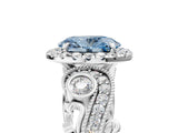 White gold Fancy Blue Oval Cut Halo Diamond Ring with Milgrain and Bezel Accents on a Split Shank Band_5