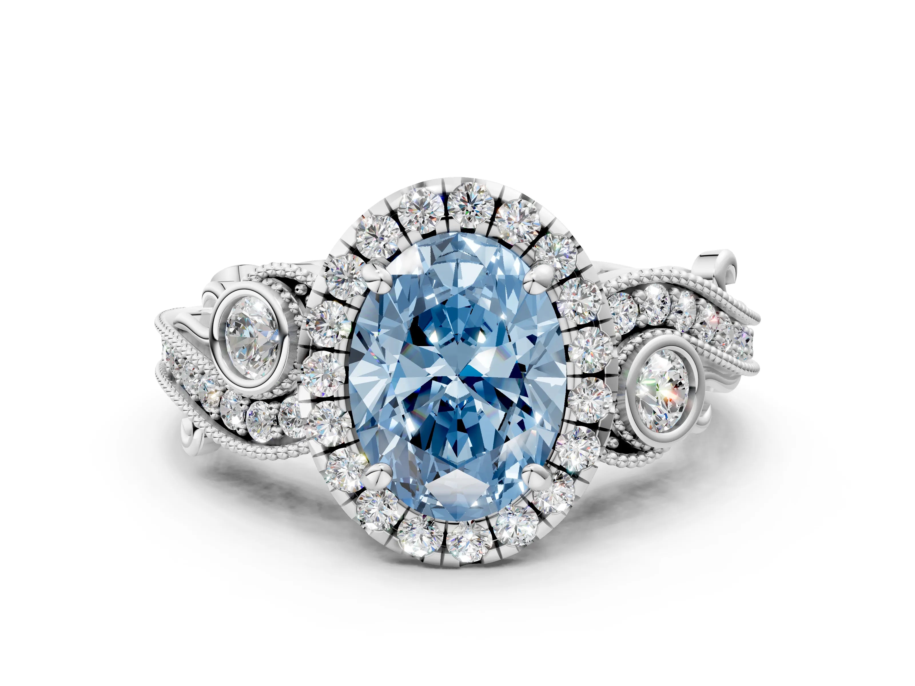 White gold Fancy Blue Oval Cut Halo Diamond Ring with Milgrain and Bezel Accents on a Split Shank Band