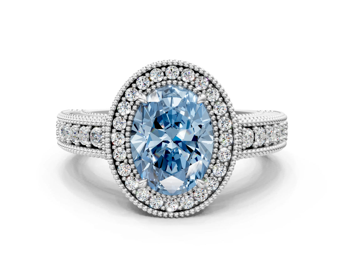 White gold Fancy Blue Oval  Cut Halo Diamond Ring with Pavé Band and Four-Prong Setting_135
