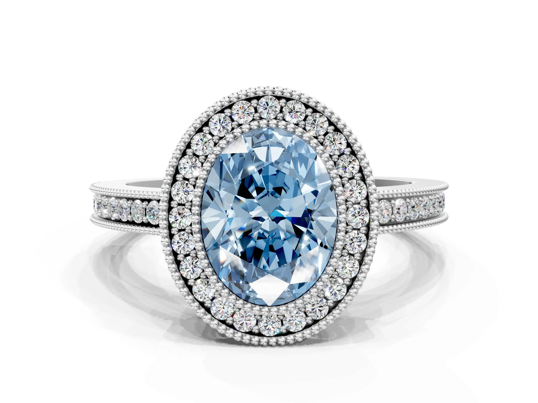 White gold Fancy Blue Oval  Cut Halo Diamond Ring with Pavé Band and Milgrain Prong Setting_32