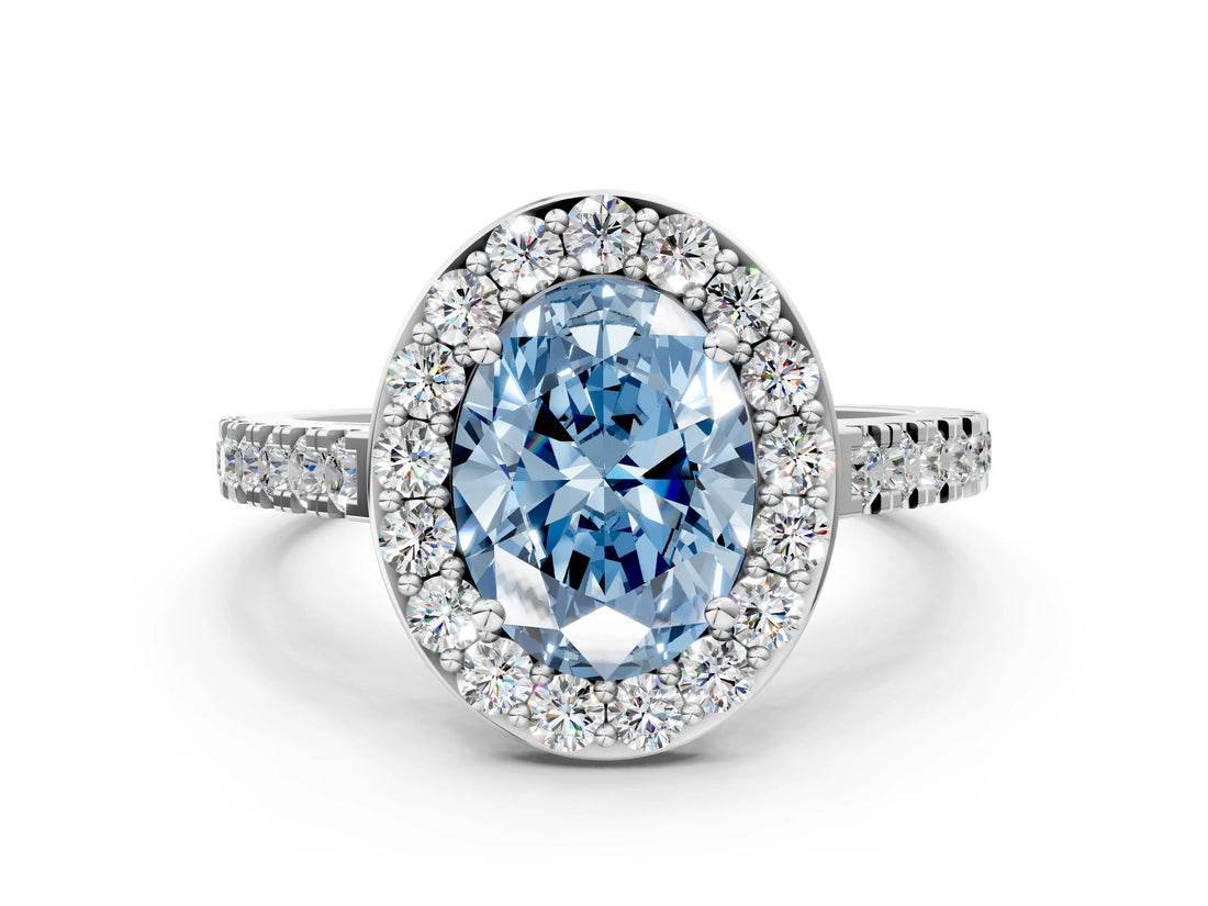 White gold Fancy Blue Oval Cut Halo Diamond Ring with Pavé Band and Three-Prong Setting_12
